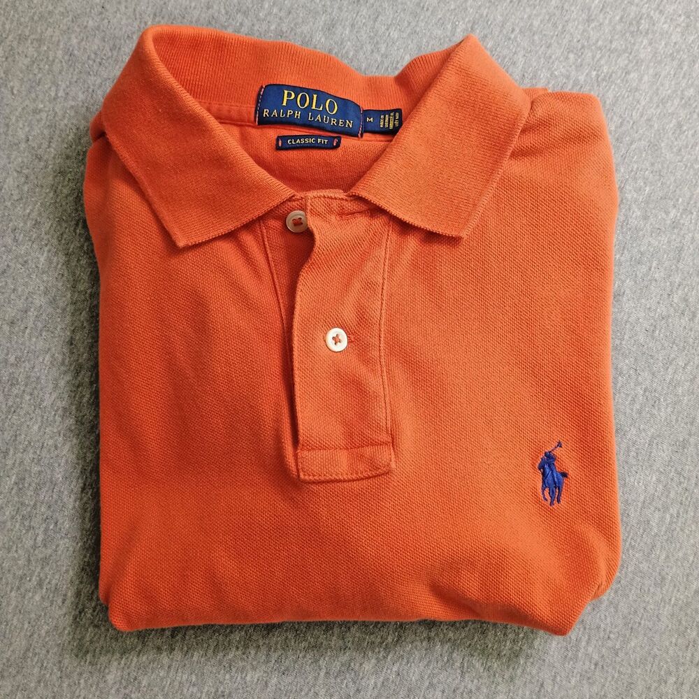 Polo Ralph Lauren Polo Mens Medium Orange Short Sleeve Knitted Shirt Blue Pony